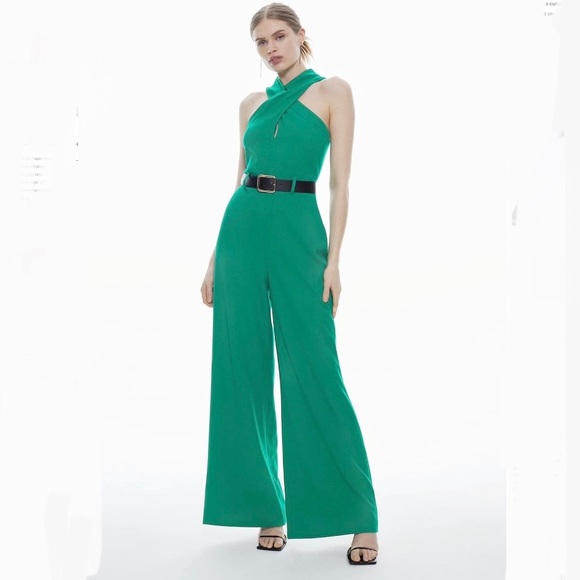 Karen Millen Pants - Karen Millen Structured Crepe Halter Neck Belted Wide Leg Jumpsuit